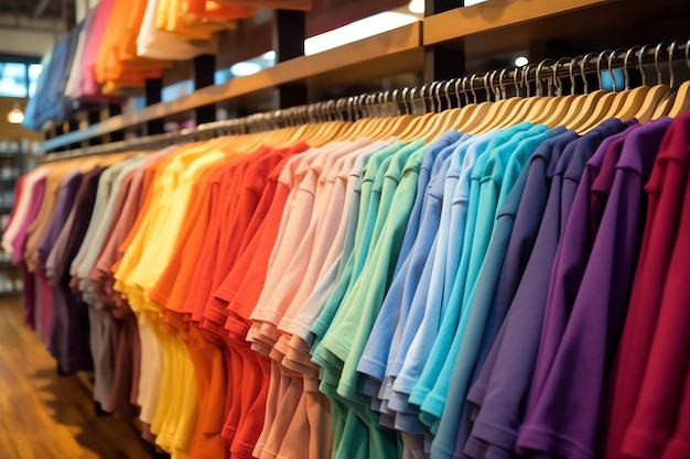 Fila de camisetas de polo de moda para hombre en una percha o estante de madera en una tienda minorista de ropa