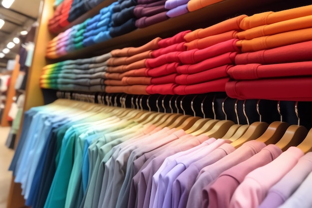 Fila de camisetas de polo de moda para hombre en una percha o estante de madera en una tienda minorista de ropa