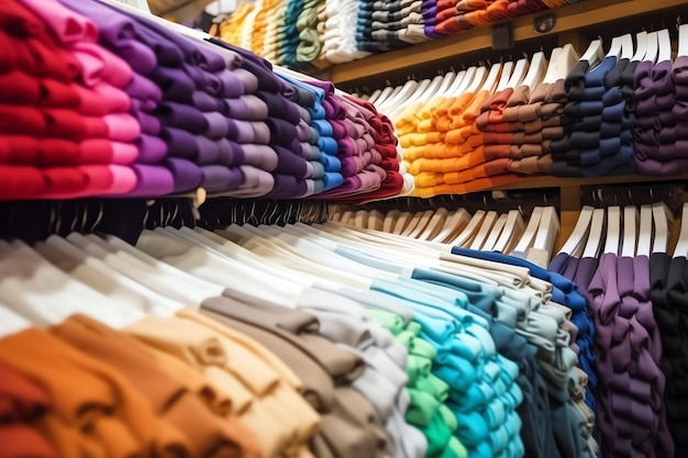 Fila de camisetas de polo de moda para hombre en una percha o estante de madera en una tienda minorista de ropa