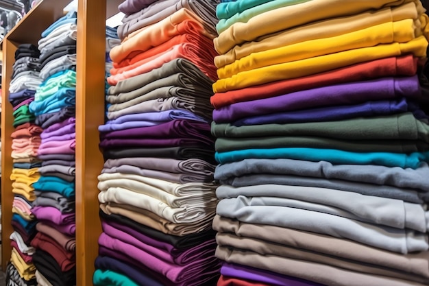 Fila de camisetas de polo de moda para hombre en una percha o estante de madera en una tienda minorista de ropa