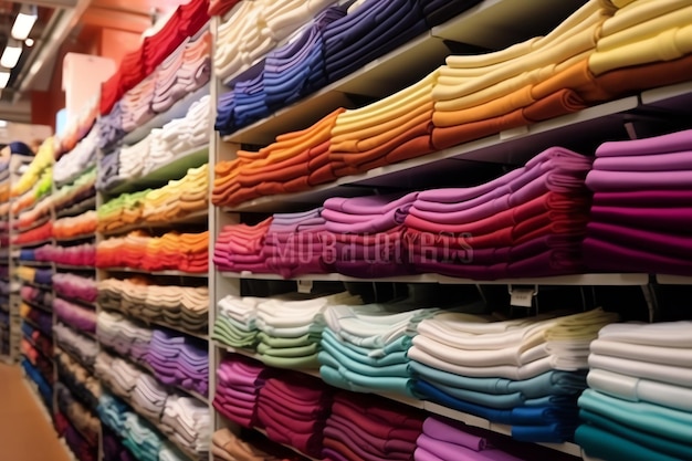 Fila de camisetas de polo de moda para hombre en una percha o estante de madera en una tienda minorista de ropa