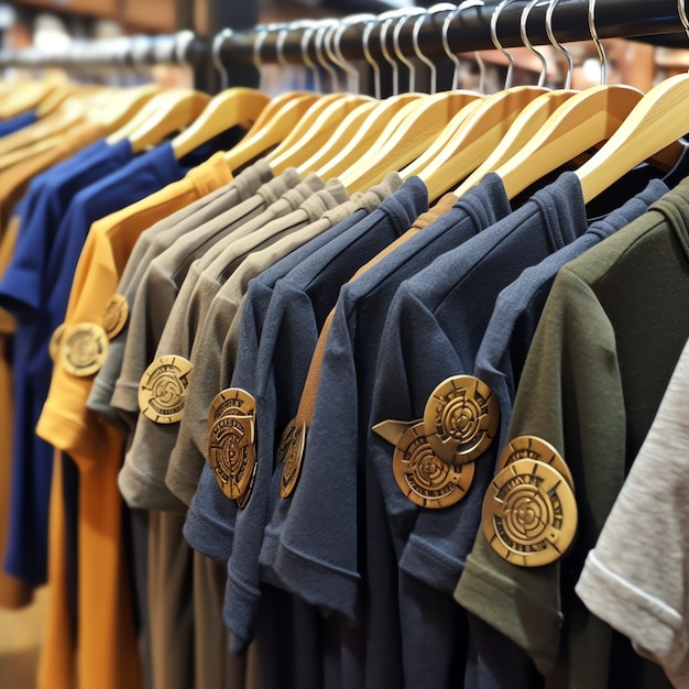 Fila de camisetas de polo de moda para hombre en una percha o estante de madera en una tienda minorista de ropa