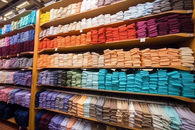 Fila de camisetas de polo de moda para hombre en una percha o estante de madera en una tienda minorista de ropa