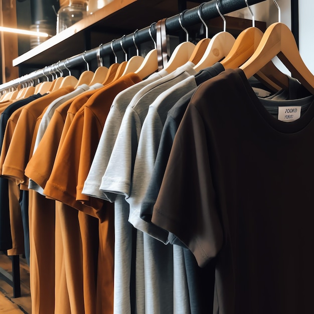 Fila de camisetas de polo de moda para hombre en una percha o estante de madera en una tienda minorista de ropa