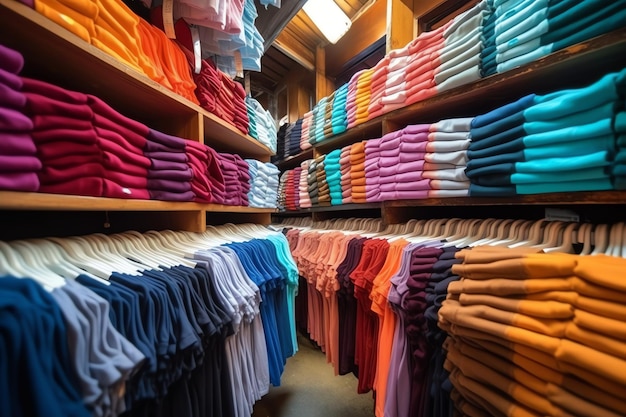 Fila de camisetas de polo de moda para hombre en una percha o estante de madera en una tienda minorista de ropa