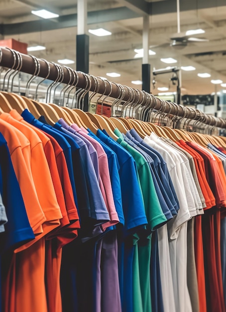 Fila de camisetas de polo de moda para hombre en una percha o estante de madera en una tienda minorista de ropa