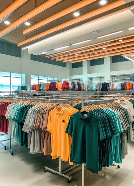 Fila de camisetas de polo de moda para hombre en una percha o estante de madera en una tienda minorista de ropa