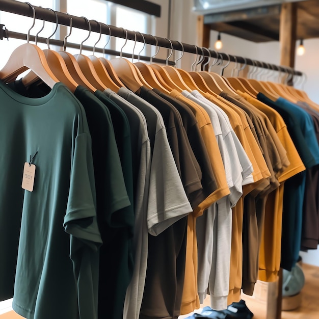 Fila de camisetas de polo de moda para hombre en una percha o estante de madera en una tienda minorista de ropa