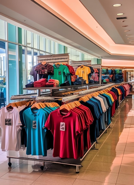 Fila de camisetas de polo de moda para hombre en una percha o estante de madera en una tienda minorista de ropa