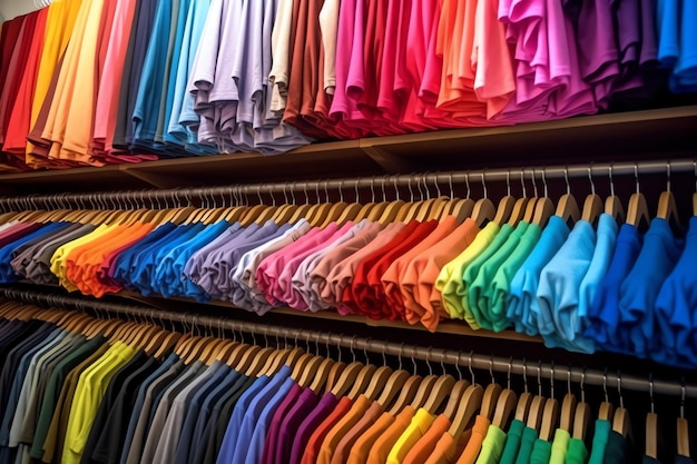 Fila de camisetas de polo de moda para hombre en una percha o estante de madera en una tienda minorista de ropa