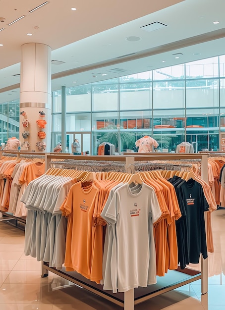 Fila de camisetas de polo de moda para hombre en una percha o estante de madera en una tienda minorista de ropa