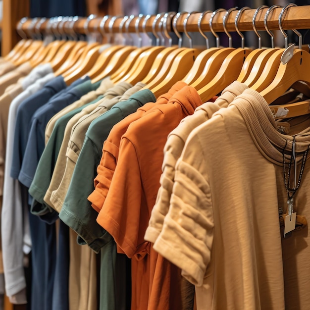Fila de camisetas de polo de moda para hombre en una percha o estante de madera en una tienda minorista de ropa
