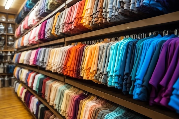 Fila de camisetas de polo de moda para hombre en una percha o estante de madera en una tienda minorista de ropa