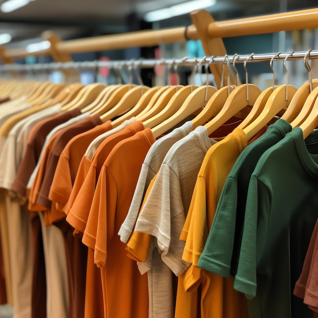 Fila de camisetas de polo de moda para hombre en una percha o estante de madera en una tienda minorista de ropa