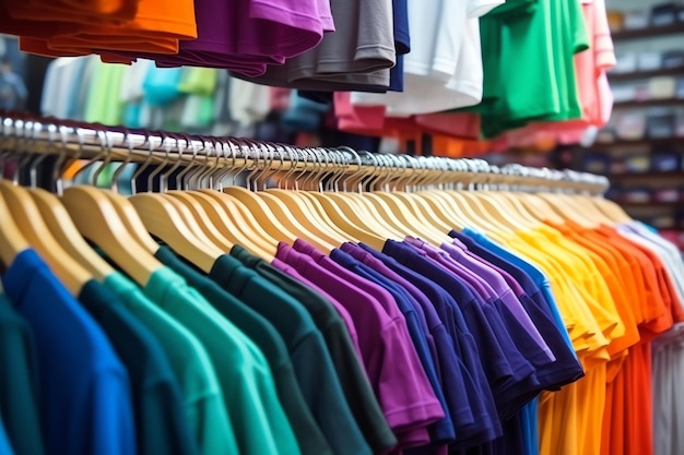 Fila de camisetas de polo de moda para hombre en una percha o estante de madera en una tienda minorista de ropa