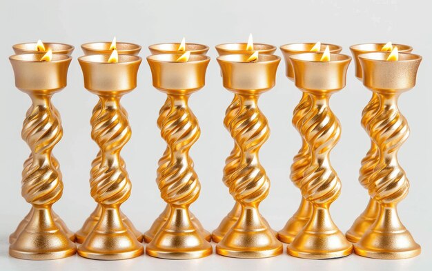 una fila de candelabros de oro con una vela en el medio