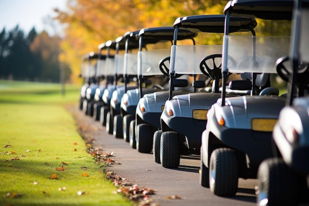 Una fila de carritos de golf estacionados en un club.