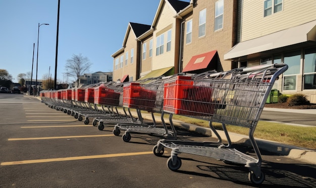 Una fila de carros de compras vacíos sentados en un estacionamiento