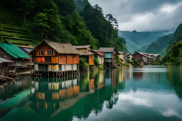 Una fila de casas en el agua con la palabra bambú al costado