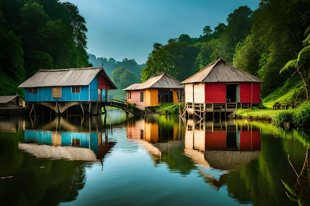 Una fila de casas coloridas en el agua