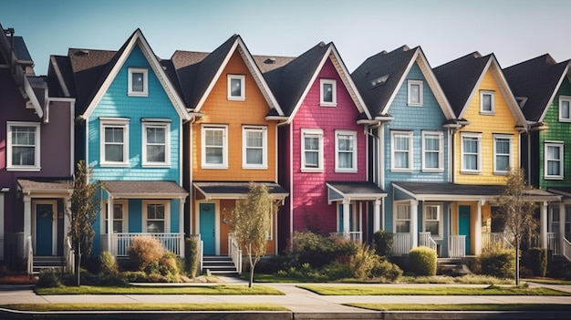 Foto una fila de casas coloridas con una calle al fondo.