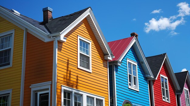 Una fila de casas coloridas con diferentes colores el cielo es azul y hay algunas nubes en el fondo