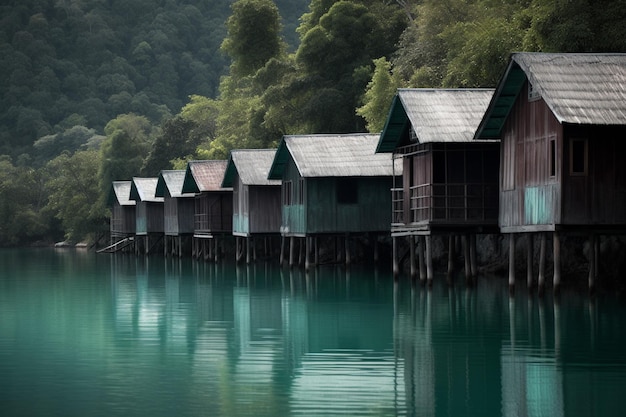 Una fila de casas de madera en un lago con una montaña verde al fondo.