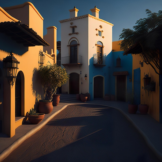 Una fila de casas mexicanas con luz del día y cielo azul.