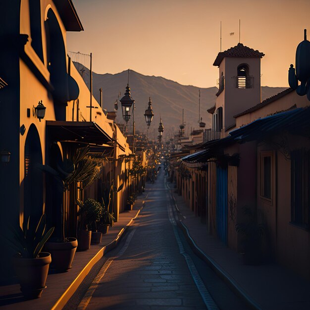 Una fila de casas mexicanas con luz del día y cielo azul.