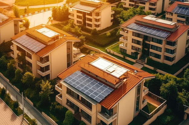 Una fila de casas con un panel solar en el techo AI Generado