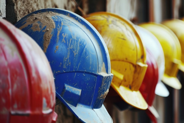 Una fila de cascos vibrantes suspendidos en una pared crea una exhibición colorida Closeup de cascos inteligentes utilizados por los trabajadores de la construcción para la seguridad AI Generado