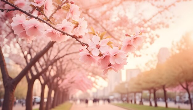 Foto una fila de cerezos con un fondo rosa