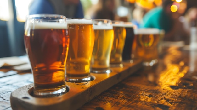 Una fila de cervezas variadas en un vuelo de degustación exhibido en una mesa de madera en una bulliciosa cervecería