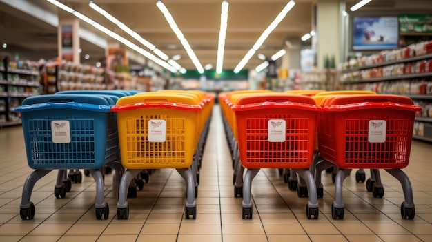 Una fila de cestas de la compra vacías en un supermercado generada por IA