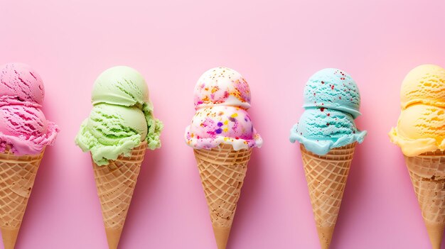 Foto una fila de cinco conos de helado frente a un fondo rosado el helado en los conos es rosa verde arco iris azul y amarillo