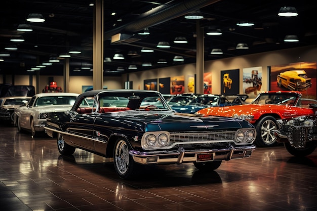 Una fila de coches clásicos en una sala de exposiciones