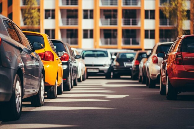 una fila de coches están alineados en una calle con un edificio en el fondo