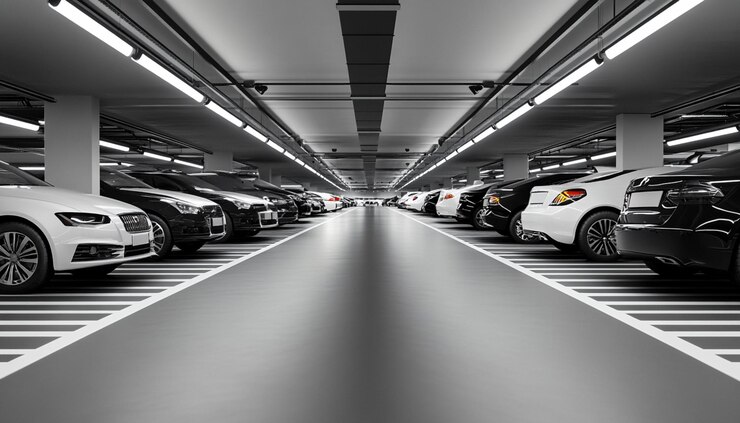 una fila de coches están alineados en un garaje de estacionamiento
