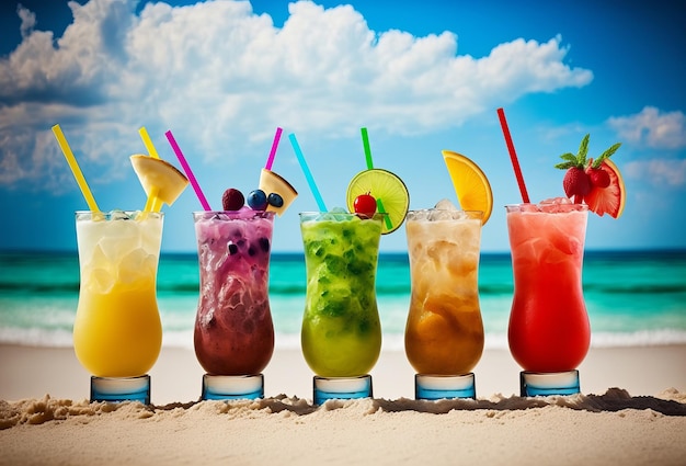 Fila de cócteles frescos de verano en una playa tropical Ai generativo