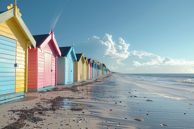 Una fila de coloridas cabañas de playa a lo largo de la costa
