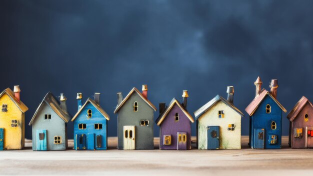 Una fila de coloridas casas en miniatura contra un dramático telón de fondo de cielo tormentoso