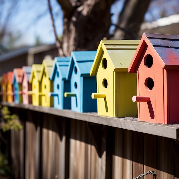 Una fila de coloridas casas de pájaros colgando de una valla