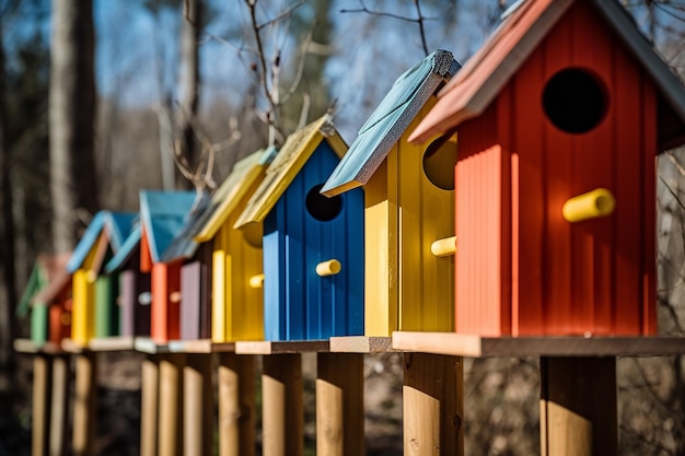 una fila de coloridas casas de pájaros que invitan al amigo emplumado generado por la IA