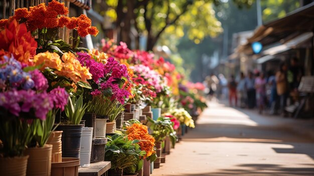 Una fila de coloridas ollas de flores que bordean la acera de una calle bulliciosa