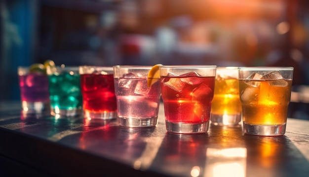 Una fila de coloridos cócteles en una barra de bar