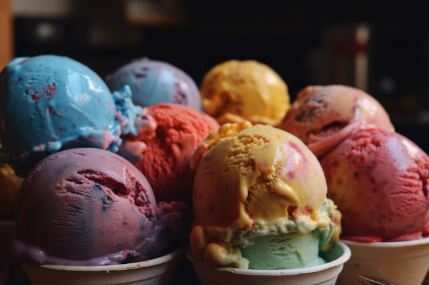 Una fila de coloridos helados se apilan uno encima del otro.