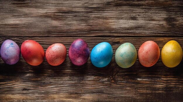 Una fila de coloridos huevos de pascua en una mesa de madera