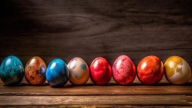 Una fila de coloridos huevos de pascua en una mesa de madera