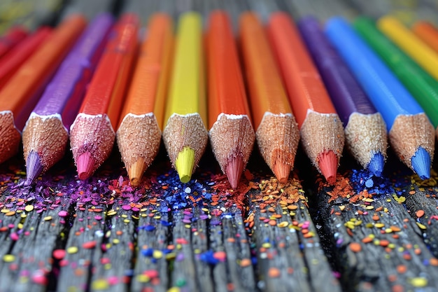 Foto una fila de coloridos instrumentos de escritura en una mesa de madera