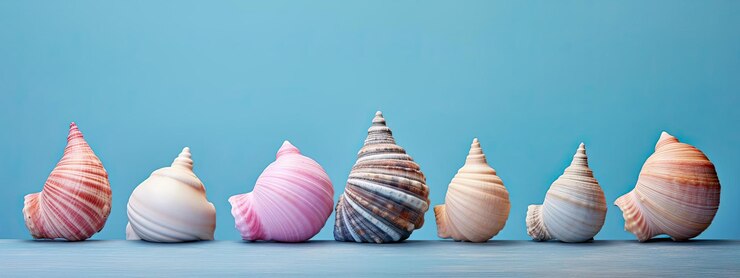 Foto una fila de conchas marinas sobre un fondo azul